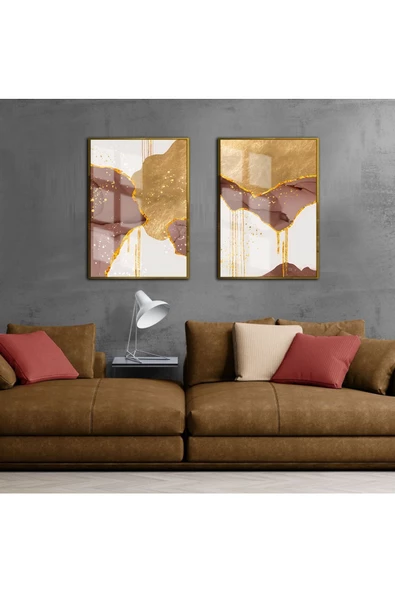 Harikabirev HARİKABİREV|TARÇIN-GOLD RENGİ SOYUT KOMBİN |ÇERÇEVELİ CAM TABLO 2Lİ DİKEY ürün görseli