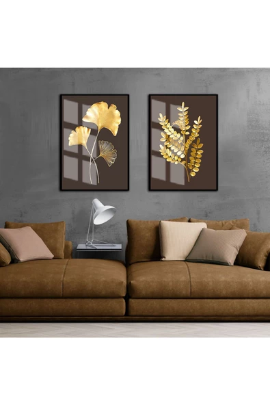 Harikabirev HARİKABİREV|SEVİLEN GOLD DAL VE ÇİÇEK KOMBİNİ |ÇERÇEVELİ CAM TABLO 2Lİ DİKEY ürün görseli