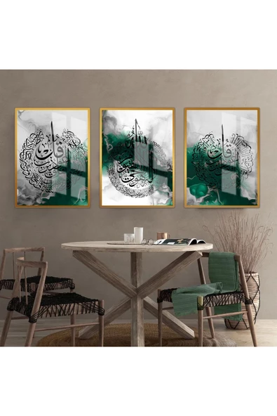 Harikabirev HARİKABİREV|FELAK-NAS-AYETEL KURSİ ZÜMRÜT YEŞİLİ-GÜMÜŞ|ÇERÇEVELİ CAM TABLO 3LÜ DİKEY