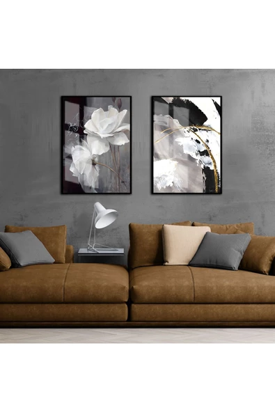 Harikabirev HARİKABİREV|SEVİLEN ÇİÇEK VE SOYUT KOMBİNİ GRİ-GOLD |ÇERÇEVELİ CAM TABLO 2Lİ DİKEY - Resim 2