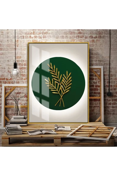 Harikabirev HARİKABİREV|ZÜMRÜT-GOLD SONSUZLU ÇİÇEĞİ ORTA |ÇERÇEVELİ TEMPERLİ CAM TABLO TEKLİ DİKEY