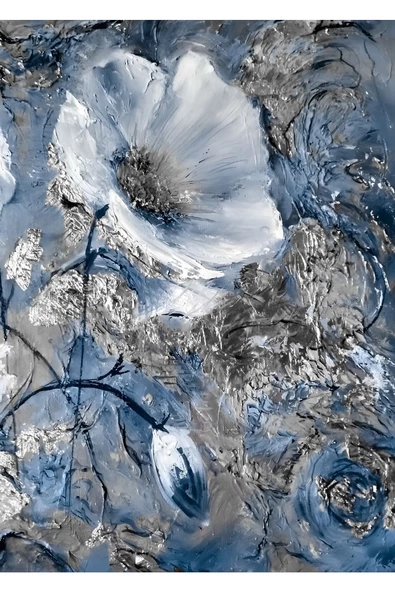 Harikabirev HARİKABİREV|LACİVERT-GÜMÜŞ ÇİÇEK TABLOSU 11 |ÇERÇEVELİ TEMPERLİ CAM TABLO TEKLİ DİKEY - Resim 2