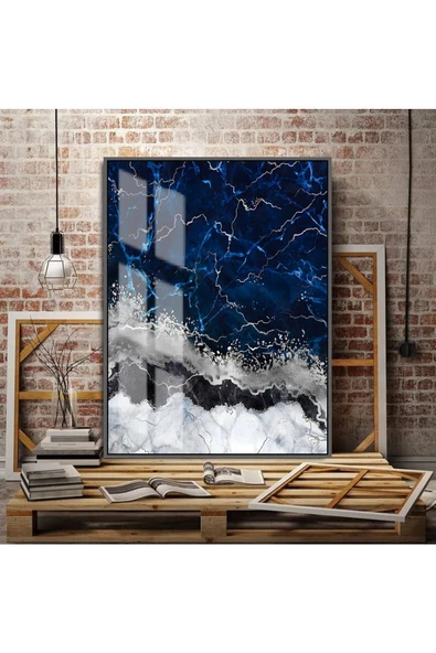 Harikabirev HARİKABİREV|LACİVERT-GÜMÜŞ SEVİLEN SOYUT ŞEKİL ORTA |ÇERÇEVELİ TEMPERLİ CAM TABLO TEKLİ DİKEY ürün görseli
