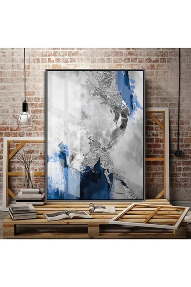 Harikabirev HARİKABİREV|LACİVERT-GÜMÜŞ SEVİLEN TÜY-SOYUT TABLOSU SOL |ÇERÇEVELİ TEMPERLİ CAM TABLO TEKLİ DİKEY ürün görseli