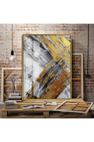 Harikabirev HARİKABİREV|GOLD-GRİ SEVİLEN SOYUT ŞEKİL |ÇERÇEVELİ TEMPERLİ CAM TABLO TEKLİ DİKEY ürün görseli