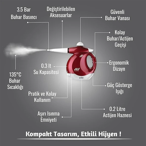 Alf BT-121 Steam Force Handy  3.5 Bar Buharlı Temizleyici Kırmızı 1200 W - 8
