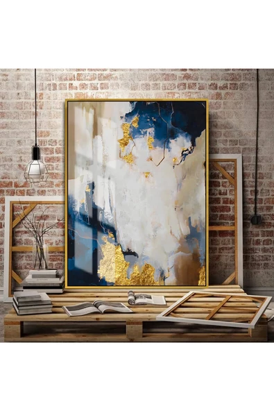 Harikabirev HARİKABİREV|LACİVERT-GOLD TÜY-SOYUT SAĞ |ÇERÇEVELİ TEMPERLİ CAM TABLO TEKLİ DİKEY