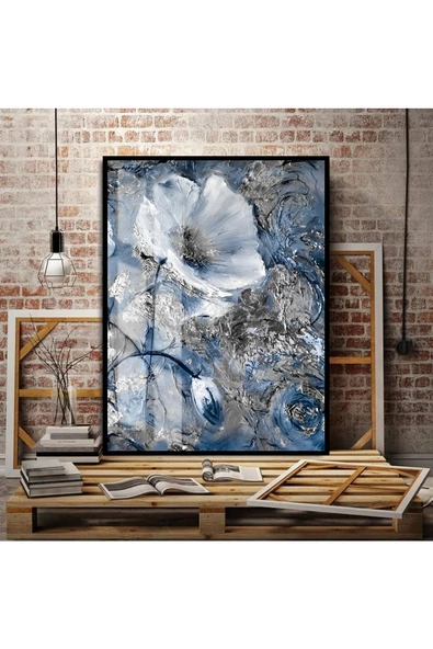 Harikabirev HARİKABİREV|LACİVERT-GÜMÜŞ ÇİÇEK TABLOSU 11 |ÇERÇEVELİ TEMPERLİ CAM TABLO TEKLİ DİKEY ürün görseli