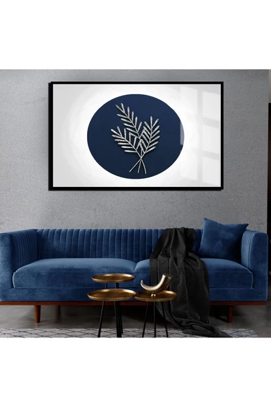 Harikabirev HARİKABİREV|LACİVERT-GÜMÜŞ SONSUZLUK ÇİÇEĞİ ORTA KOMBİN |ÇERÇEVELİ TEMPERLİ CAM TABLO TEKLİ YATAY ürün görseli