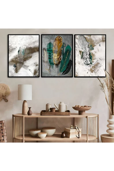 Harikabirev HARİKABİREV|YEŞİL KREM BEYAZ TÜY SOYUT 012 |ÇERÇEVELİ CAM TABLO TEMPERLİ 3LÜ DİKEY ürün görseli