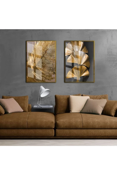 Harikabirev HARİKABİREV|YAPRAK KOMBİNİ GOLD |ÇERÇEVELİ CAM TABLO 2Lİ DİKEY ürün görseli