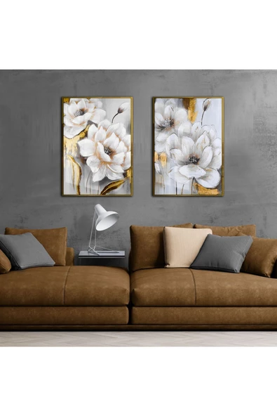 Harikabirev HARİKABİREV|SEVİLEN ÇİÇEK KOMBİNİ GOLD-GRİ 03|ÇERÇEVELİ CAM TABLO 2Lİ DİKEY ürün görseli