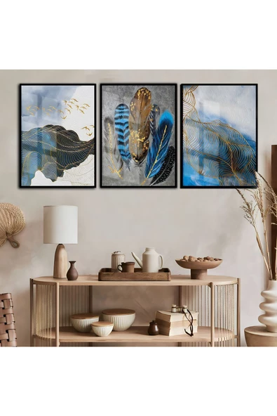 Harikabirev HARİKABİREV|MAVİ-GOLD TÜY SOYUT KOMBİNİ 011 |ÇERÇEVELİ CAM TABLO TEMPERLİ 3LÜ DİKEY ürün görseli