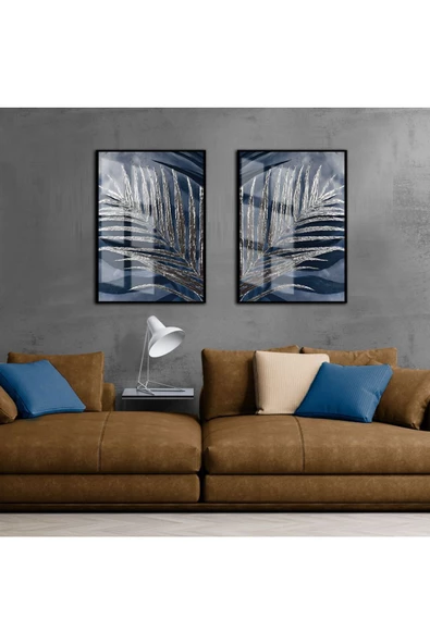 Harikabirev HARİKABİREV|YAPRAK KOMBİNİ LACİVERT GRİ 003 |ÇERÇEVELİ CAM TABLO 2Lİ DİKEY ürün görseli