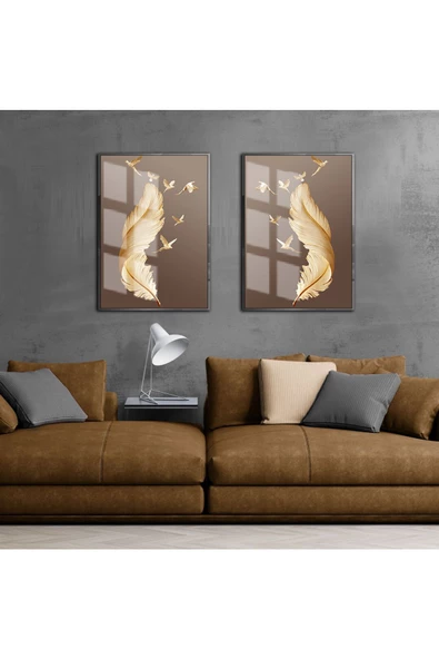 Harikabirev HARİKABİREV|SEVİLEN TÜY-KUŞ KOMBİNİ KAHVERENGİ ARKA PLAN |ÇERÇEVELİ CAM TABLO 2Lİ DİKEY