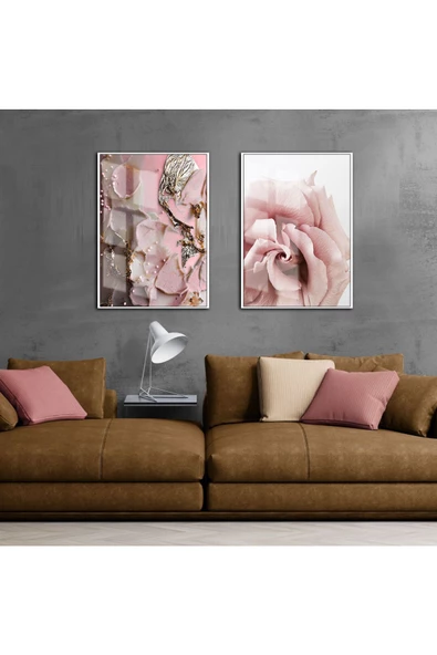 Harikabirev HARİKABİREV|ÇİÇEK VE SOYUT KOMBİNİ SOFT PEMBE |ÇERÇEVELİ CAM TABLO 2Lİ DİKEY ürün görseli