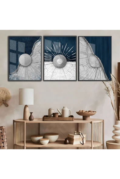 Harikabirev HARİKABİREV|LACİVERT-GÜMÜŞ SOYUT KOMBİNİ 13 |ÇERÇEVELİ CAM TABLO TEMPERLİ 3LÜ DİKEY ürün görseli