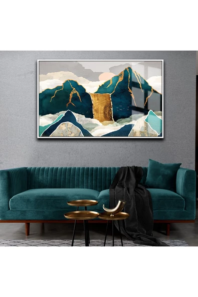 Harikabirev HARİKABİREV|YENİ TURKUAZ RENK SOYUT DAĞ |ÇERÇEVELİ TEMPERLİ CAM TABLO TEKLİ YATAY ürün görseli