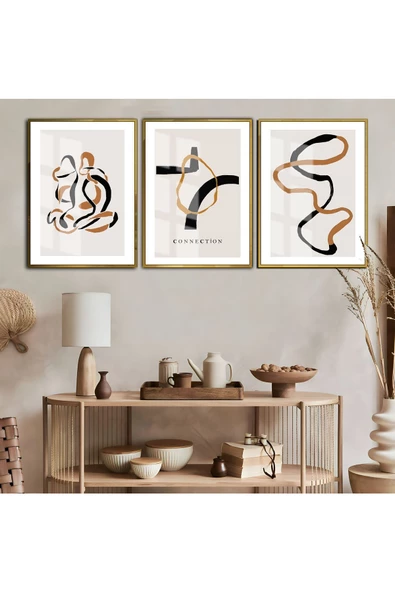 Harikabirev HARİKABİREV|SOFT-KREM-GOLD VEKTÖR (ABSTRACT) 14|ÇERÇEVELİ CAM TABLO TEMPERLİ 3LÜ DİKEY