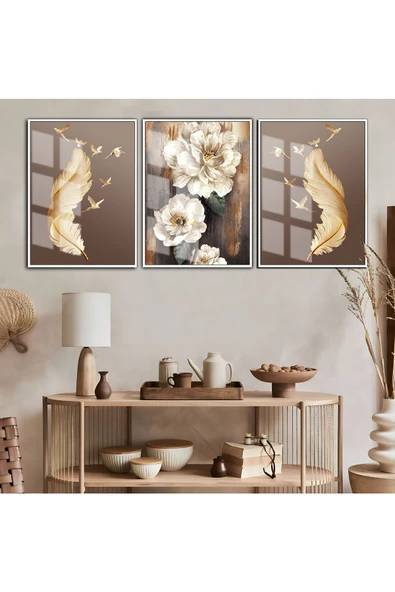 Harikabirev HARİKABİREV|GOLD TÜY KUŞ VE ÇİÇEK KOMBİNİ 12|ÇERÇEVELİ CAM TABLO TEMPERLİ 3LÜ DİKEY ürün görseli