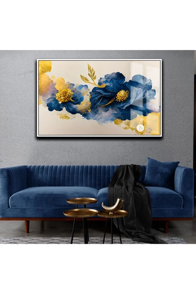 Harikabirev HARİKABİREV|SEVİLEN ÇİÇEK TABLOSU 06 GOLD LACİVERT |ÇERÇEVELİ TEMPERLİ CAM TABLO TEKLİ YATAY ürün görseli