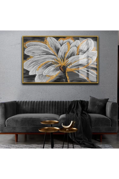 Harikabirev HARİKABİREV|SEVİLEN ÇİÇEK TABLOSU 21 GRİ- GOLD| ÇERÇEVELİ TEMPERLİ CAM TABLO TEKLİ YATAY ürün görseli