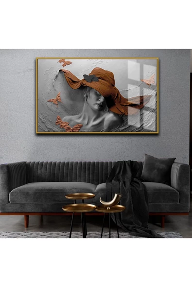 Harikabirev HARİKABİREV|SEVİLEN ŞAPKALI KADIN KAHVERENGİ GÜMÜŞ |ÇERÇEVELİ TEMPERLİ CAM TABLO TEKLİ YATAY