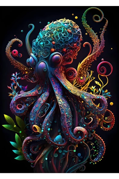 Harikabirev HARİKABİREV|HAYVAN TABLOSU SOYUT AHTAPOT |ÇERÇEVELİ TEMPERLİ CAM TABLO TEKLİ DİKEY - Resim 2