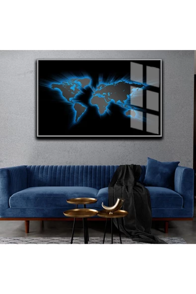 Harikabirev HARİKABİREV|HARİTA TABLOSU SİYAH-MAVİ R |ÇERÇEVELİ TEMPERLİ CAM TABLO TEKLİ YATAY ürün görseli
