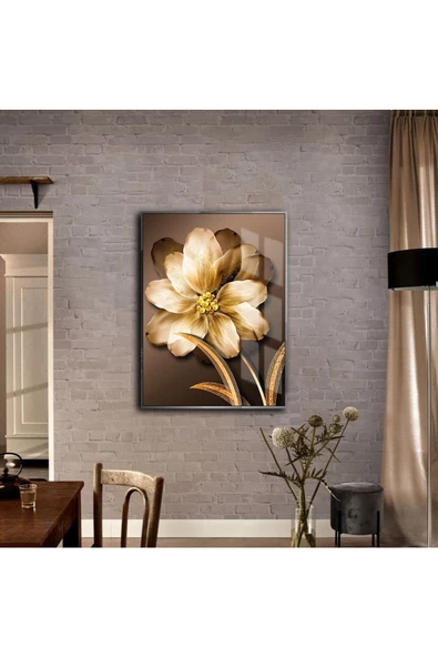 Harikabirev HARİKABİREV|ÇİÇEK TABLOSU SOYUT ÇİÇEK GOLD GÜZEL|ÇERÇEVELİ TEMPERLİ CAM TABLO TEKLİ DİKEY ürün görseli