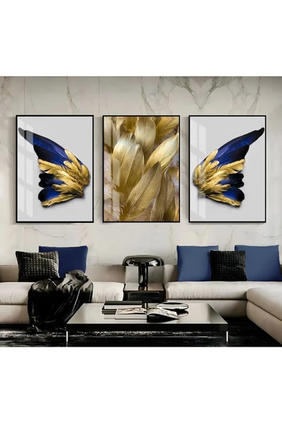 Harikabirev HARİKABİREV|LACİVERT- GOLD RENK KANAT-TÜY KOMBİN 009|ÇERÇEVELİ CAM TABLO TEMPERLİ 3LÜ DİKEY ürün görseli