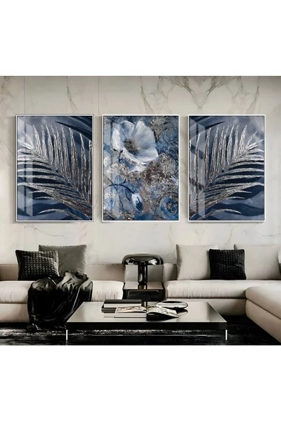 Harikabirev HARİKABİREV|LACİVERT-GRİ RENK ÇİÇEK YAPRAK KOMBİN 001 |ÇERÇEVELİ CAM TABLO TEMPERLİ 3LÜ DİKEY - Resim 2