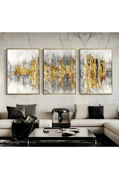 Harikabirev HARİKABİREV|GOLD-GRİ-BEYAZ RENK SOYUT KOMBİN 005 |ÇERÇEVELİ CAM TABLO TEMPERLİ 3LÜ DİKEY ürün görseli