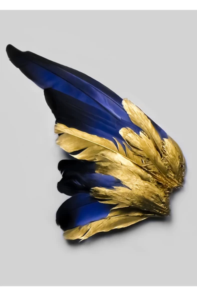 Harikabirev HARİKABİREV|LACİVERT- GOLD RENK KANAT-TÜY KOMBİN 009|ÇERÇEVELİ CAM TABLO TEMPERLİ 3LÜ DİKEY - Resim 2