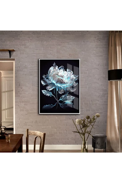 Harikabirev HARİKABİREV|ÇİÇEK TABLOSU SOYUT ÇİÇEK MAVİ BEYAZ |ÇERÇEVELİ TEMPERLİ CAM TABLO TEKLİ DİKEY ürün görseli