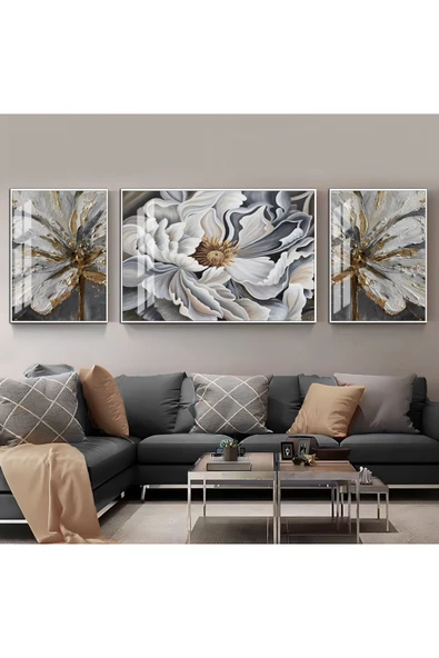 Harikabirev HARİKABİREV|SİYAH-GOLD RENK ÇİÇEK VE YAPRAK KOMBİNİ 07|ÇERÇEVELİ TEMPERLİ CAM TABLO 3LÜ YATAY ürün görseli