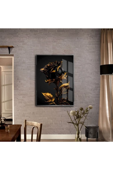 Harikabirev HARİKABİREV|ÇİÇEK TABLOSU SOYUT ÇİÇEK GOLD SİYAH 03|ÇERÇEVELİ TEMPERLİ CAM TABLO TEKLİ DİKEY ürün görseli