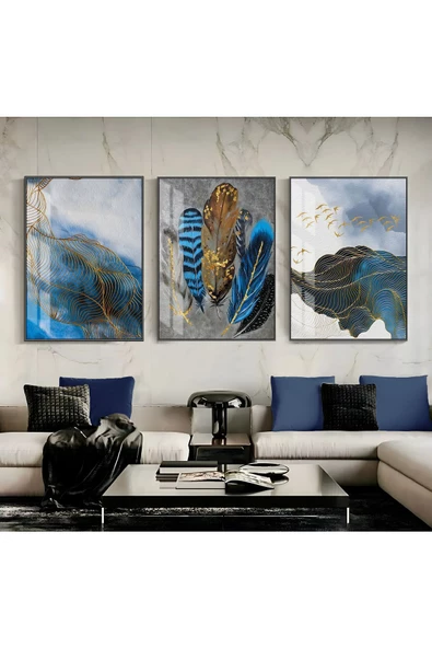 Harikabirev HARİKABİREV|LACİVERT- GOLD RENK TÜY- SOYUT KOMBİN 010 |ÇERÇEVELİ CAM TABLO TEMPERLİ 3LÜ DİKEY - Resim 2