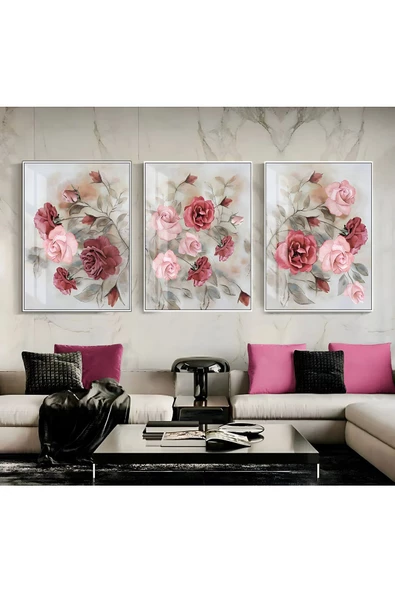 Harikabirev HARİKABİREV|SOLUK PEMBE RENK ÇİÇEK DEMETİ KOMBİN 006|ÇERÇEVELİ CAM TABLO TEMPERLİ 3LÜ DİKEY ürün görseli