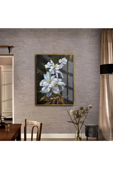 Harikabirev HARİKABİREV|ÇİÇEK TABLOSU SOYUT ÇİÇEK SOFT GOLD BEYAZ |ÇERÇEVELİ TEMPERLİ CAM TABLO TEKLİ DİKEY