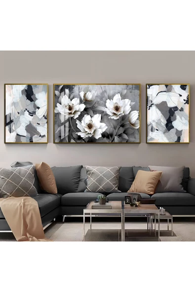 Harikabirev HARİKABİREV|SİYAH-BEYAZ RENK ÇİÇEK-SOYUT KOMBİNİ 02 |ÇERÇEVELİ TEMPERLİ CAM TABLO 3LÜ YATAY ürün görseli