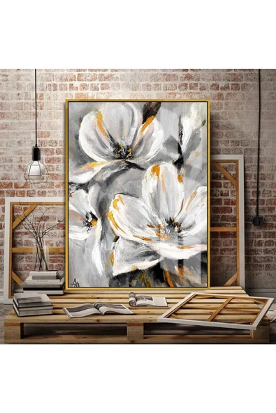Harikabirev HARİKABİREV|BEYAZ-GRİ-GOLD EN SEVİLEN ÇİÇEK TABLOSU 2 |ÇERÇEVELİ TEMPERLİ CAM TABLO TEKLİ DİKEY ürün görseli
