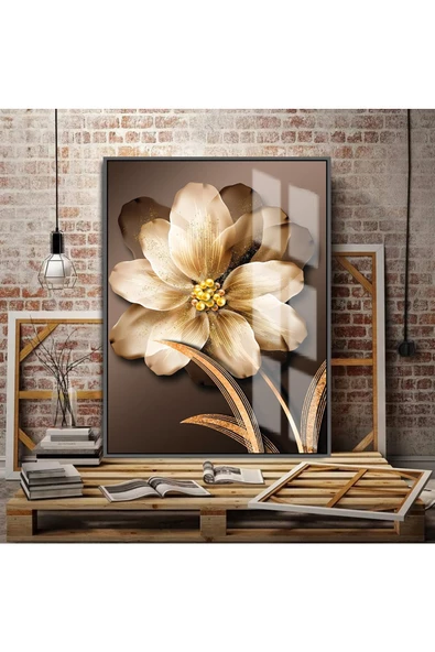 Harikabirev HARİKABİREV|GOLD DETAYLI SEVİLEN ÇİÇEK TABLOSU 02 |ÇERÇEVELİ TEMPERLİ CAM TABLO TEKLİ DİKEY ürün görseli