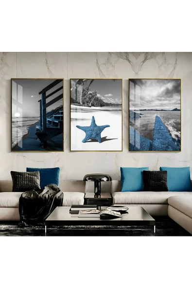Harikabirev HARİKABİREV|MAVİ-GRİ DENİZ TEMALI KOMBİN 1|ÇERÇEVELİ TEMPERLİ CAM TABLO 3LÜ DİKEY ürün görseli
