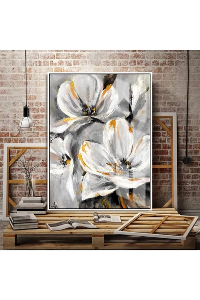 Harikabirev HARİKABİREV|BEYAZ-GRİ-GOLD EN SEVİLEN ÇİÇEK TABLOSU 2 |ÇERÇEVELİ TEMPERLİ CAM TABLO TEKLİ DİKEY ürün görseli