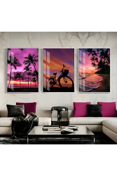 Harikabirev HARİKABİREV|MOR RENK KOMBİNİ YAZ MANZARASI DENİZ KENARI |ÇERÇEVELİ TEMPERLİ CAM TABLO 3LÜ DİKEY ürün görseli