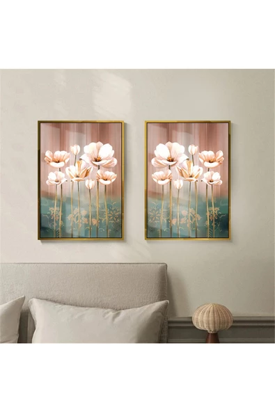 Harikabirev HARİKABİREV|TARÇIN-YEŞİL RENK ÇİÇEK KOMBİNİ |ÇERÇEVELİ CAM TABLO 2Lİ DİKEY ürün görseli