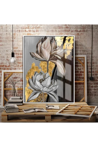 Harikabirev HARİKABİREV|GOLD-GRİ SEVİLEN ÇİÇEK TABLOSU 02 |ÇERÇEVELİ TEMPERLİ CAM TABLO TEKLİ DİKEY ürün görseli