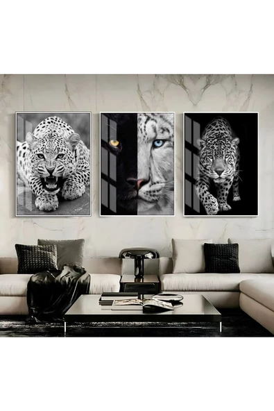 Harikabirev HARİKABİREV|ASLAN-KAPLAN-LEOPAR TABLOSU 04|ÇERÇEVELİ TEMPERLİ CAM TABLO 3LÜ DİKEY ürün görseli