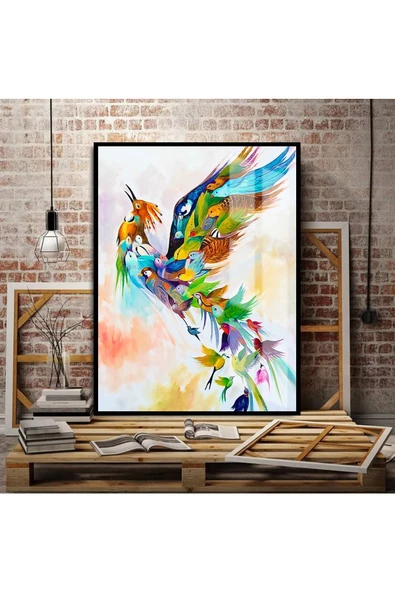 Harikabirev HARİKABİREV|RENGARENK SİMURG(ANKA) KUŞU TABLOSU |ÇERÇEVELİ TEMPERLİ CAM TABLO TEKLİ DİKEY ürün görseli